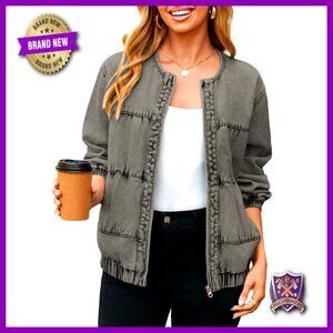 Denim Bomber Jacket Oversized Casual Zip Up Loose Fit Jean Jacket Fall Outfits